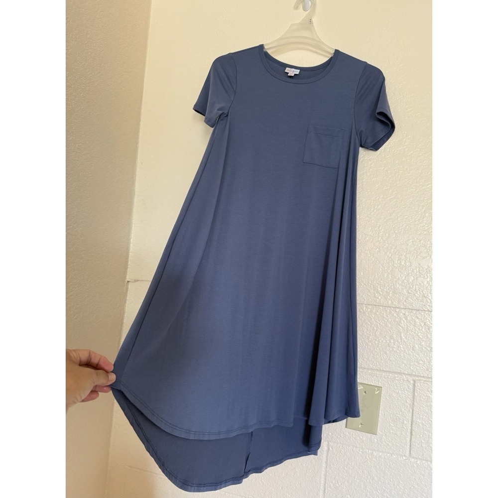 LuLaRoe Carly Dress Womens XS Blue Short Sleeve High Low Pocket Summer Boho - Picture 4 of 10